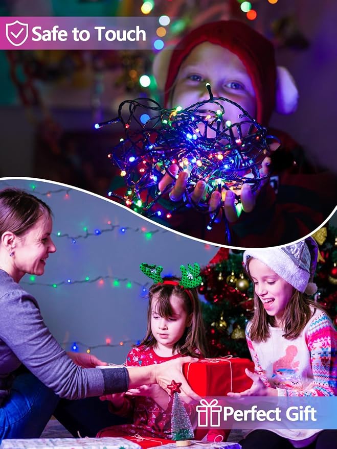 Solar Christmas Lights Outdoor 2 Pack 200 LED Solar String Light Multicolor | 8 Lighting Modes, Memory Function, Auto On/Off, 66FT Waterproof Twinkle Lights for Outside Porch Fence Balcony Decorations