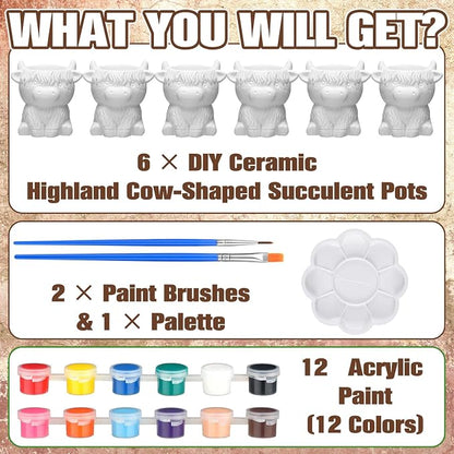 Beeveer 6 Pcs Ready to Paint Your Own Highland Cow Succulent Ceramic Pots Unpainted Ceramics Cartoon Cow Shaped Flower Pots DIY Kit Planter Container with Drainage Hole for Home and Office Decoration