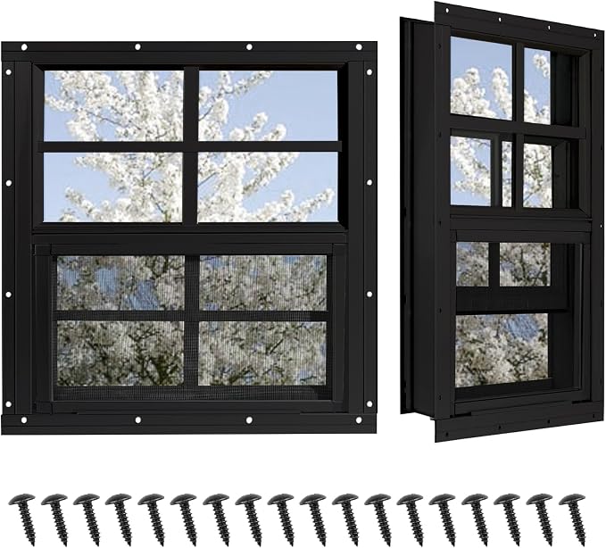 Shed Windows 2 Pack, Chicken Coop Windows 36" x 36" Black | Flush Mounted Small Windows with Tempered Glass and Fiberglass Screen for Shed, Barns, Playhouse, Household, Garage