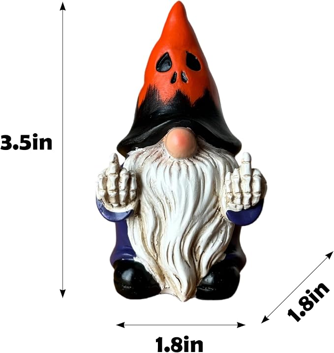 Halloween Middle Finger Gnome Statue with Skeleton Hands - Spooky Ghost Face Hat Resin Figurine 3.5in, Weather Resistant Indoor Outdoor Decor for Patio Yard Halloween Party, Novelty Edgy Gift