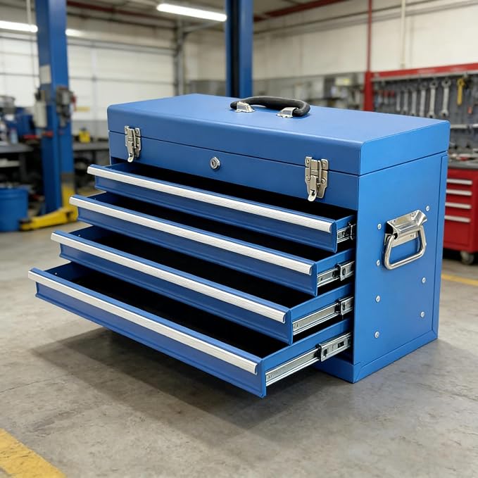 4 Drawers Metal Tool Box, 21'' Portable Metal Tool Box with EVA Liners & Auto-Locking Mechanism, Heavy Duty Steel Tool Chest with Ball-Bearing Drawer Slides & Convenient Top Handle, Blue