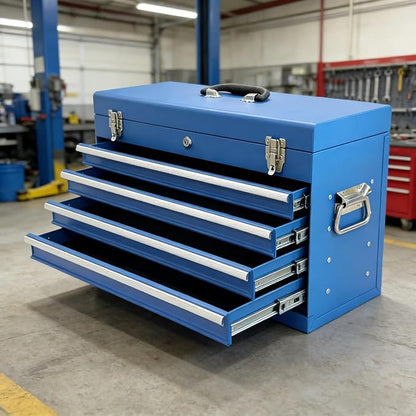 4 Drawers Metal Tool Box, 21'' Portable Metal Tool Box with EVA Liners & Auto-Locking Mechanism, Heavy Duty Steel Tool Chest with Ball-Bearing Drawer Slides & Convenient Top Handle, Blue