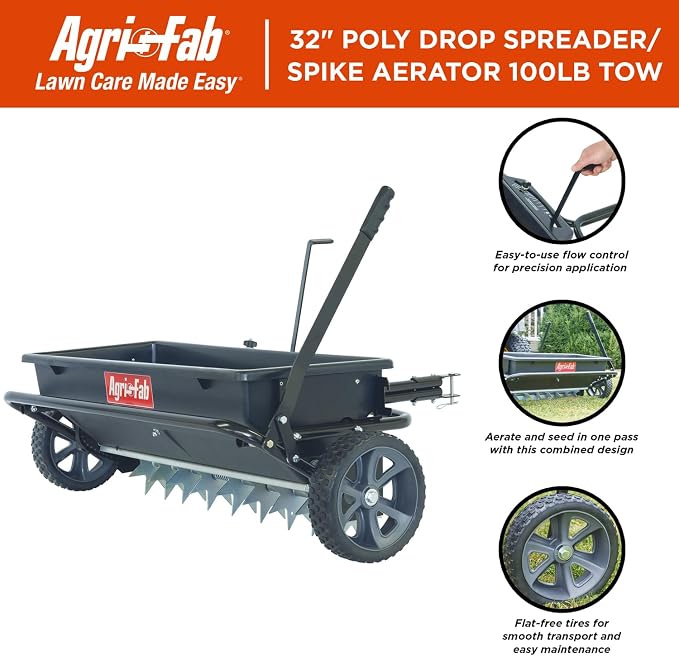 Agri-Fab Tow Behind Spiker Seeder Drop Spreader for Seed, Fertilizer, Salt and Ice Melt, 100 lb Capacity with 32 In Working Width