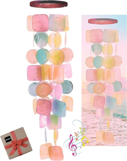 Bellaa Wind Chimes Outdoor, Garden Decorations, Musical, Indoor/Outside Windchimes, Beach, Ocean, Breeze, Gifts for Mom, Gift for All Occasions, Capiz Sea Glass Shells Wood Pastel 20713