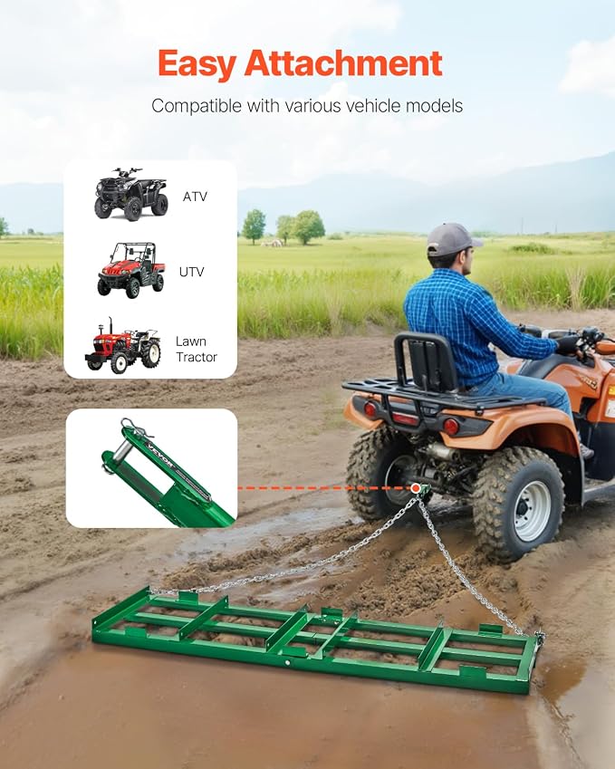 VEVOR Drag Harrow, 6 ft Heavy Duty Tow Behind Drag Harrow with Adjustable Bars & 72 in Chain, Driveway Grader Landscape Rake for ATV, UTV, Tractor, Mower Tow Behind Yard Lawn Leveling Tool