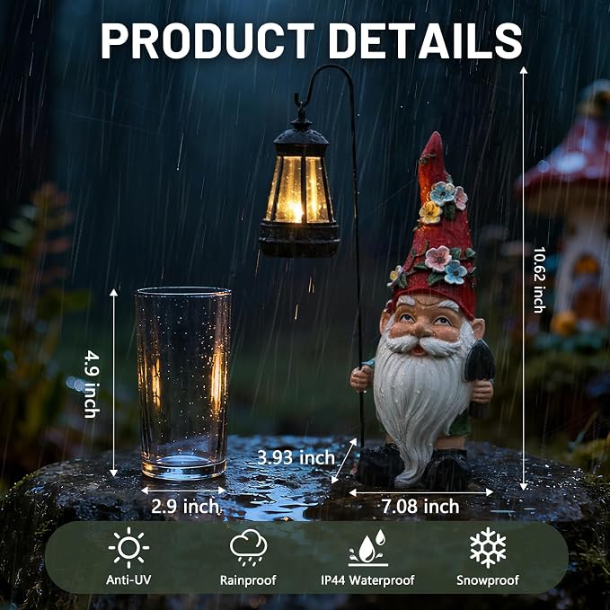 Garden Gnomes Statue with Solar Lantern, Outdoor Gnome Decorations for Yard, Outdoor Figurine Ornament with LED Lights for Patio Lawn, Mother's Day Birthday Gift for Women Mom Grandma