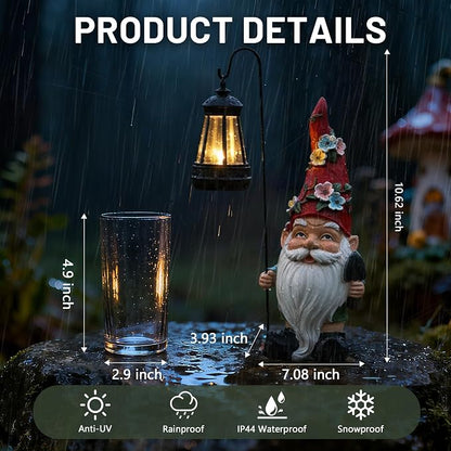 Garden Gnomes Statue with Solar Lantern, Outdoor Gnome Decorations for Yard, Outdoor Figurine Ornament with LED Lights for Patio Lawn, Mother's Day Birthday Gift for Women Mom Grandma