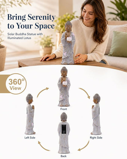 Nacome Solar Buddha Garden Statue Decor: Standing Resin Figurine with Lotus Flower Light Zen Sculpture for Patio Lawn Yard Porch Balcony Meditation Space - 11 inches(White)