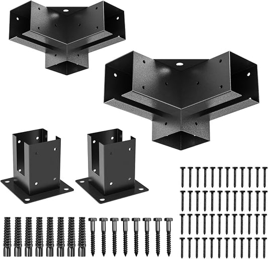 4x4 Pergola Brackets Kit, 3-Way Powder-Coated Woodworks Corner Brackets, 2 Bracket Shoulders & 2 Wood Post Base, 4PCS Woodwork Pergola Kit Elevated Wood Stand Kit