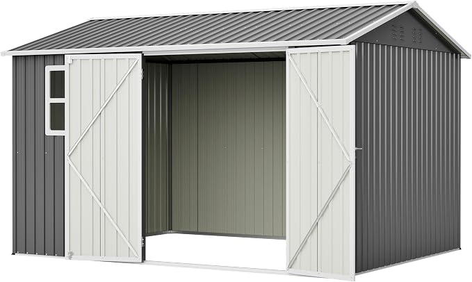 YOPTO 10x8 FT Large Outdoor Storage Shed with Window, 2 Lockable Doors & Sloped Roof, Heavy Duty Metal Tool Shed for Garden, Patio, Backyard, Lawn, Dark Gray