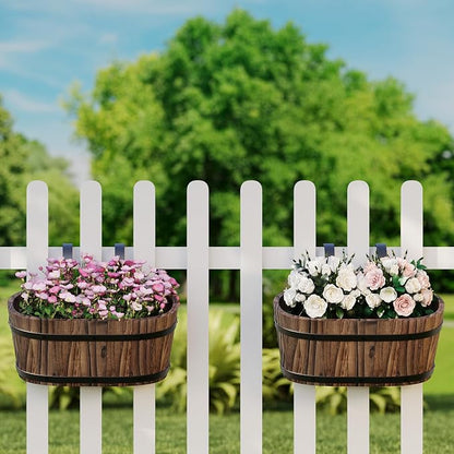 2-Pack Wooden Railing Planters, 13.2 inch Hanging Flower Pots with Detachable Hooks for Balcony, Fence, Deck, Garden, Country Home Decor -Carbonized