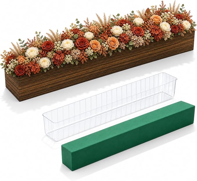 Dandat 1 Set Wood Boxes for Centerpieces 28x5 Inch Rectangle Wooden Planter Box Rustic Wood Planter with Removable Plastic Liner Floral Foam Blocks for Christmas Wedding Home Garden Decor(Dark Brown)