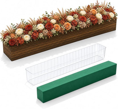 Dandat 1 Set Wood Boxes for Centerpieces 28x5 Inch Rectangle Wooden Planter Box Rustic Wood Planter with Removable Plastic Liner Floral Foam Blocks for Christmas Wedding Home Garden Decor(Dark Brown)