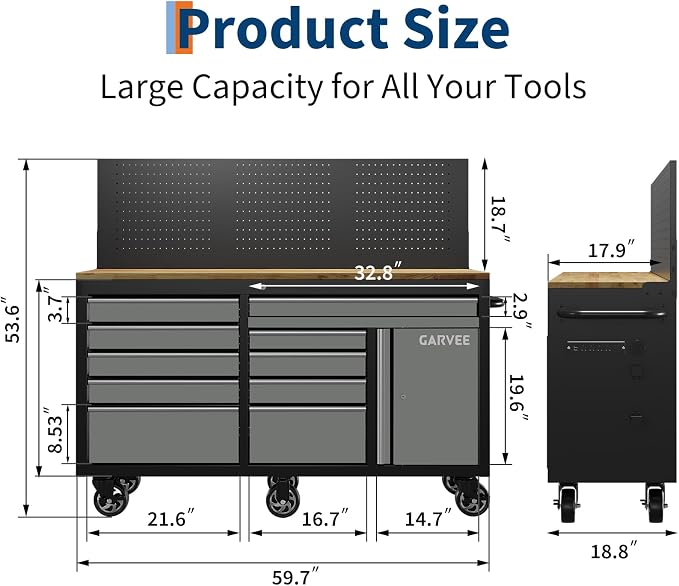 60 Inch Rolling Tool Chest Workbench, 10 Drawer Tool Box with Pegboard & Lock, Mobile Garage Tool Cabinet with Charging Station, Heavy Duty Workbench for Workshop, Gray