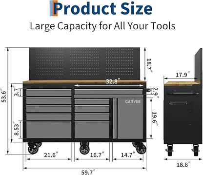 60 Inch Rolling Tool Chest Workbench, 10 Drawer Tool Box with Pegboard & Lock, Mobile Garage Tool Cabinet with Charging Station, Heavy Duty Workbench for Workshop, Gray