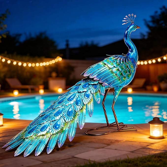 31" L Metal Peacock Garden Statue, Handcrafted Walking Peacock Large Outdoor Yard Art Decor with Iridescent Blue & Green Finish & Ground Stakes, Lifelike Sculpture for Garden Lawn Flowerbed