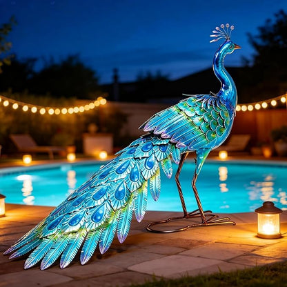 31" L Metal Peacock Garden Statue, Handcrafted Walking Peacock Large Outdoor Yard Art Decor with Iridescent Blue & Green Finish & Ground Stakes, Lifelike Sculpture for Garden Lawn Flowerbed