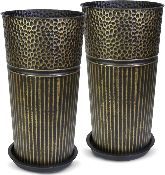 2 Pcs Pack 22 Inches Metal Tall Tapered Planter Pots Large Galvanized Steel Round Planter Flower Pot with Drainage Holes for Indoor Outdoor Deck Porch Garden Home Patio Front Door (Antique Bronze, S)