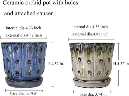 Orchid Pots 4.9 inch Round Ceramic Orchid Pots with Holes Set of 2 (SkyBlue+White with Lemon Green)
