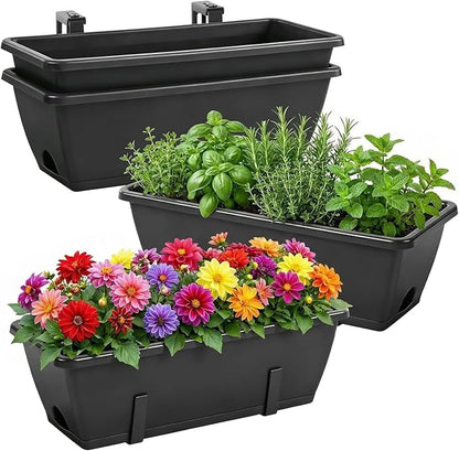 OYEAL Railing Planter Box 4 Pack Window Boxes Planters with Adjustable Brackets 17 Inch Hanging Planters for Outdoor Plants Flower Boxes for Balcony Fence Deck Railing Porch Over Rail, Black
