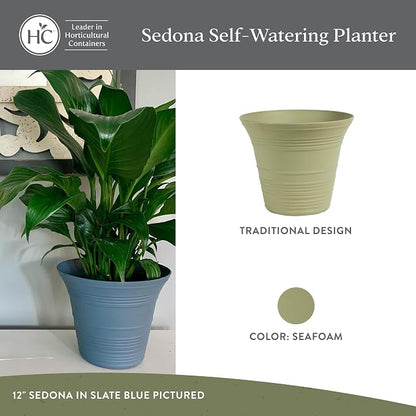 The HC Companies 9 Inch Sedona Round Self Watering Planter Pots, Lightweight UV-Resistant Plastic Indoor & Outdoor Planters, 4-Pack Flower Pots for Garden & Home Decor, Seafoam