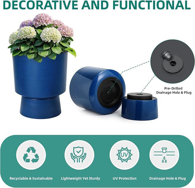 2-Pack 16.8" Brushed Blue Plastic Urn Planters with Detachable Bases | Set of 2 PP urn planters with brushed blue finish, detachable bases, drainage plugs, and UV-treated finish for porch