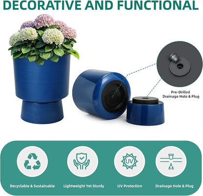 2-Pack 16.8" Brushed Blue Plastic Urn Planters with Detachable Bases | Set of 2 PP urn planters with brushed blue finish, detachable bases, drainage plugs, and UV-treated finish for porch
