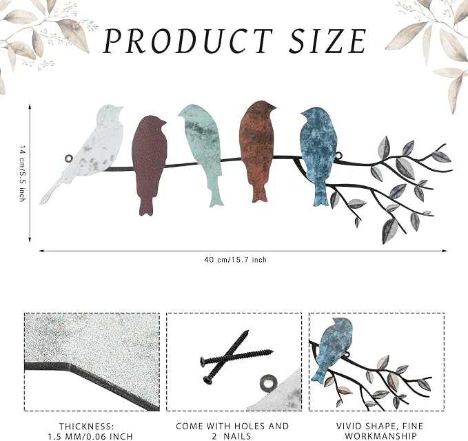Ferraycle Metal Bird Wall Art - Birds on Branch with Leaves - Metal Sculpture Wall Hanging Sign for Balcony, Garden, Home Decor(Vivid Colors)