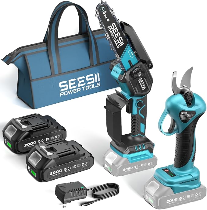SEESII Mini Chainsaw & Electric Pruning Shears Combo, 6-inch Brushless Handheld Power Chain Saw, 1.2” Cutting Cordless Pruner for Tree Trimming, Tools Kit with 2x2000mAh Batteries, Fast Charger