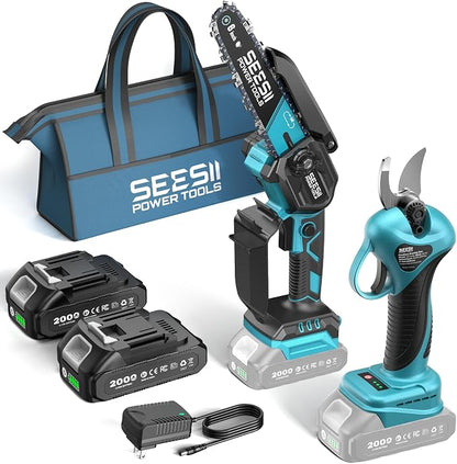 SEESII Mini Chainsaw & Electric Pruning Shears Combo, 6-inch Brushless Handheld Power Chain Saw, 1.2” Cutting Cordless Pruner for Tree Trimming, Tools Kit with 2x2000mAh Batteries, Fast Charger