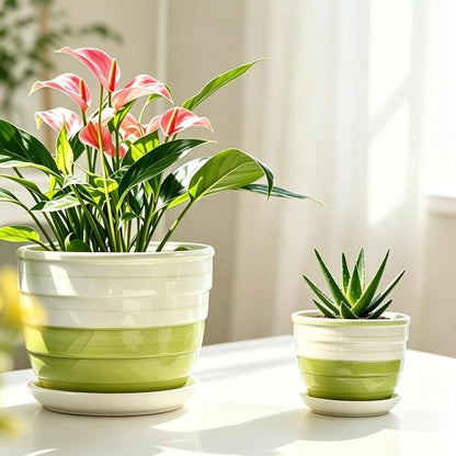 Vintage Flower Pots for Indoor Plant, Round Ceramic Plant Pots with Drainage Holes and Saucers, 6.7/5.2/3.9 Inches Retro Flower Planters Set of 3