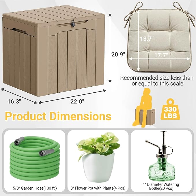 Greesum 33 Gallon Resin Deck Box All Weather Outdoor Storage Boxes for Patio Furniture Set,Outdoor Toys,Garden Tools, Light Coffee