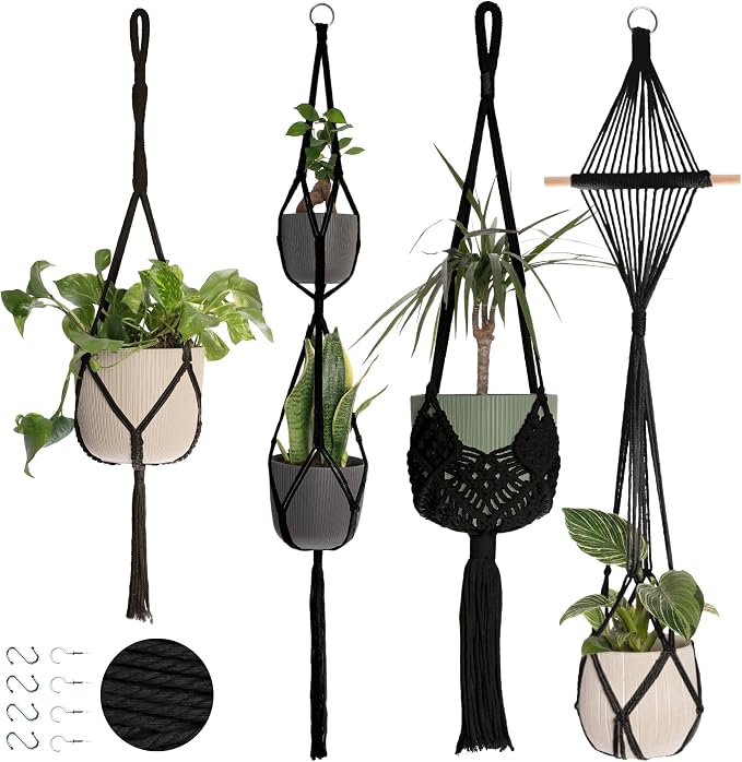 Nook Theory 4-Pack Macrame Plant Hangers with 8 Hooks - Hanging Planters for Indoor Plants, Boho Macrame Hangers Indoor Outdoor, Decorative Plant Hanger Indoor (Black)