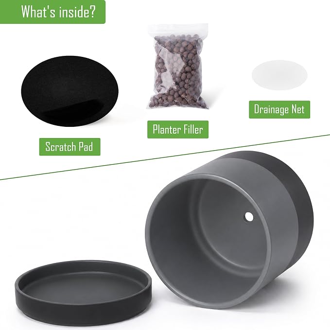 D'vine Dev 8 Inch Ceramic Planter Pot, Slate, 94-O-D-5 | Modern Cylinder Design, Drainage Hole & Saucer Included, Stable Structure, Elegant Home Accent