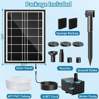Solar Fountain Pump for Bird Bath, 4W Solar Water Fountain with 5 Spray Modes & 4ft Hose, 9.8ft Power Cord, Dry-Run Protection & Low Noise for Garden Small Pond Fish Tank DIY Water Feature