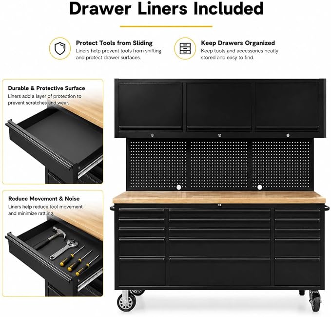 CHETTO C 72 inch Tool Chest Tool Box Mobile 15 Drawers Storage 3 Upper Cabinets SS-Pegboard Rolling Cabinet with Wheels Lock Key Locking System Drawer Liners for Garage Warehouse Repair Shop Black