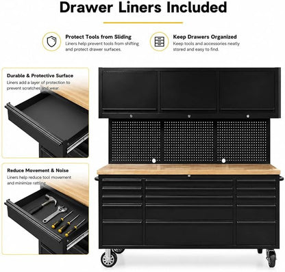 CHETTO C 72 inch Tool Chest Tool Box Mobile 15 Drawers Storage 3 Upper Cabinets SS-Pegboard Rolling Cabinet with Wheels Lock Key Locking System Drawer Liners for Garage Warehouse Repair Shop Black
