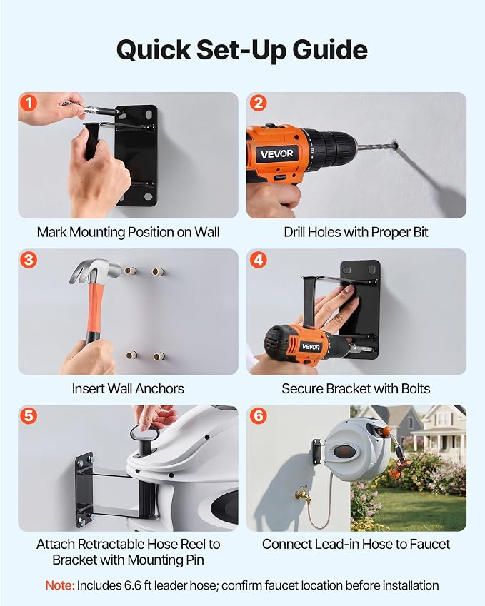 VEVOR Retractable Hose Reel, 100 ft x 1/2 inch, 180° Swivel Bracket Wall-Mounted, Garden Water Hose Reel with 9-Pattern Nozzle, Automatic Rewind, Lock at Any Length, and Slow Return System