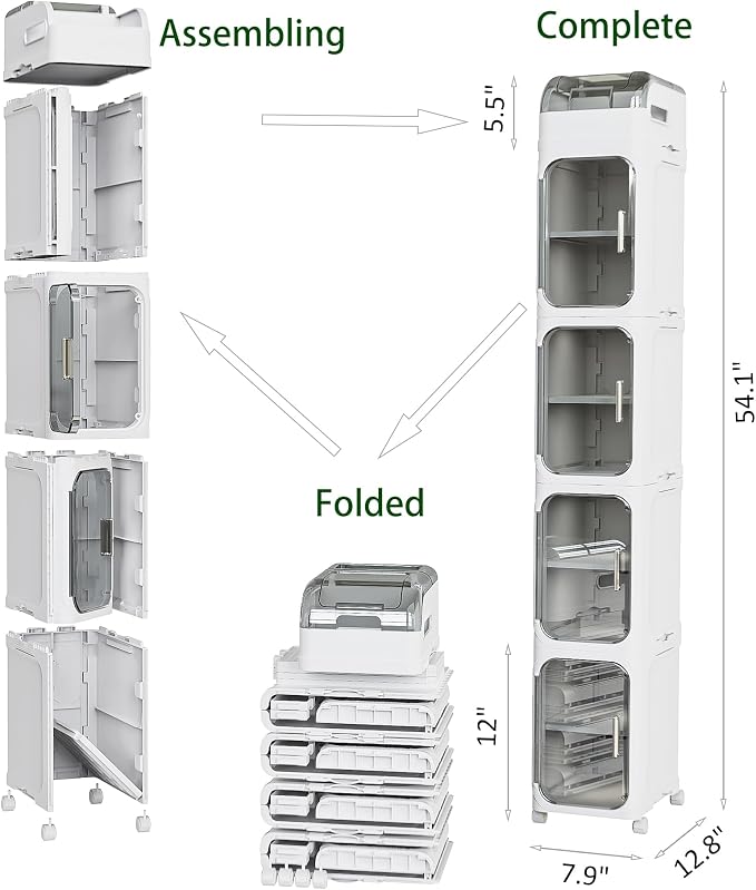 BINSIO 5-Tier Tall Narrow Storage Cabinet, Slim Rolling Storage Cabinet with Clear Doors, Adjustable Shelves, Foldable Organizer for Laundry Room, Kitchen Pantry, Utility Room and Small Spaces
