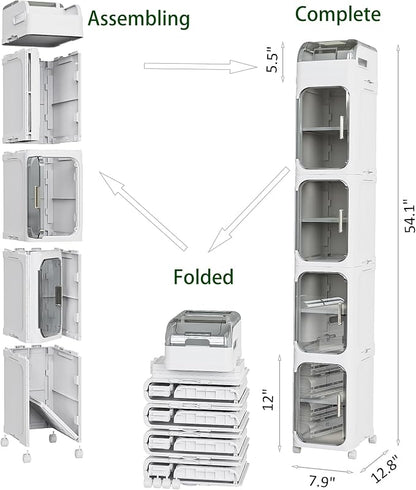 BINSIO 5-Tier Tall Narrow Storage Cabinet, Slim Rolling Storage Cabinet with Clear Doors, Adjustable Shelves, Foldable Organizer for Laundry Room, Kitchen Pantry, Utility Room and Small Spaces