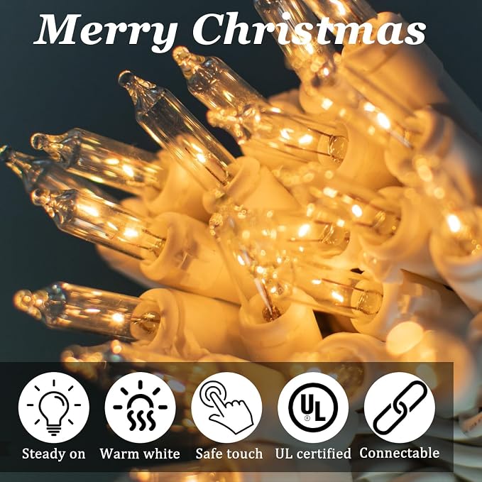 Warm White Christmas Lights Outdoor, 25FT 100 Count Incandescent Mini Christmas Lights White Wire, Waterproof Fairy Lights, Connectable Xmas String Lights for Christmas Tree, Garland, Wedding Decor