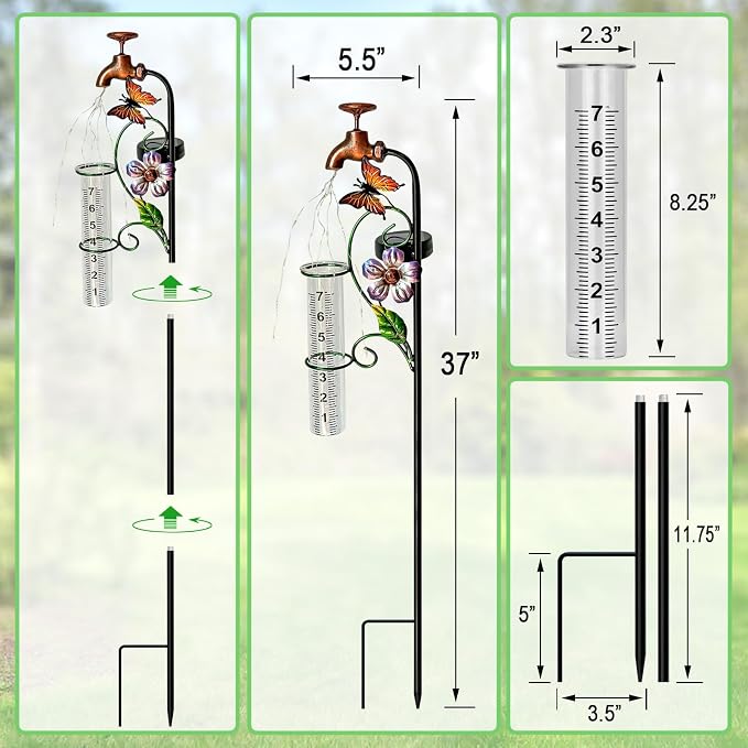 Copper Faucet Rain Gauge, 7" Glass Tube Butterfly Flower Garden Yard Stake Decor