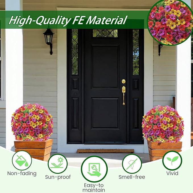 Artificia Flower Ball 17.7 Inch-Faux Flowers Topiary Hanging Ball for Outdoor Decor, UV Resistant Plastic Wedding Decoration, Garden Patio Porch Hanging Basket,Party Centerpiece Decor(1PCS-Spherical)
