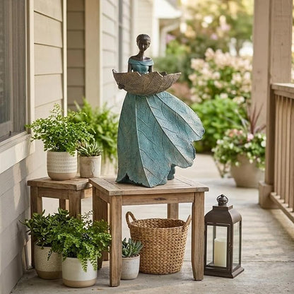 DiliComing Fairy Garden Statues Bird Feeder - 12 Inch Resin Outdoor Fairy Statue for Garden Decor, Decorative Patio Yard Lawn Flower Bed Figurine, Garden Gifts for Women (Green)
