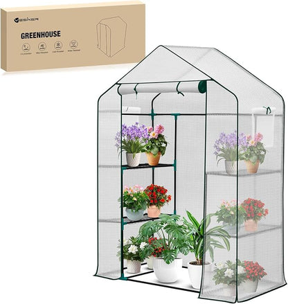 Yesker Greenhouse 57"x29"x77" Walk in Green House - Large Outdoor/Indoor Greenhouses with 4 Shelves Waterproof PE Cover & Windows, Portable Greenhouse Kit for Winter Backyard Gardening Patio, White
