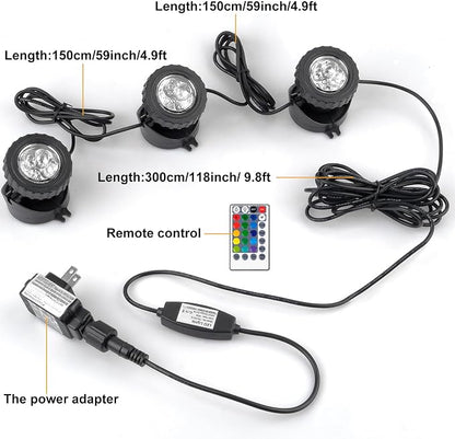 RGB Pond Lights with Timer, LED Underwater Submersible Colorful Landscape Spotlights, 98ft Remote Control IP68 Waterproof Fountain Lights for Fish Aquarium Tank Garden Yard Pool (Set of 3)