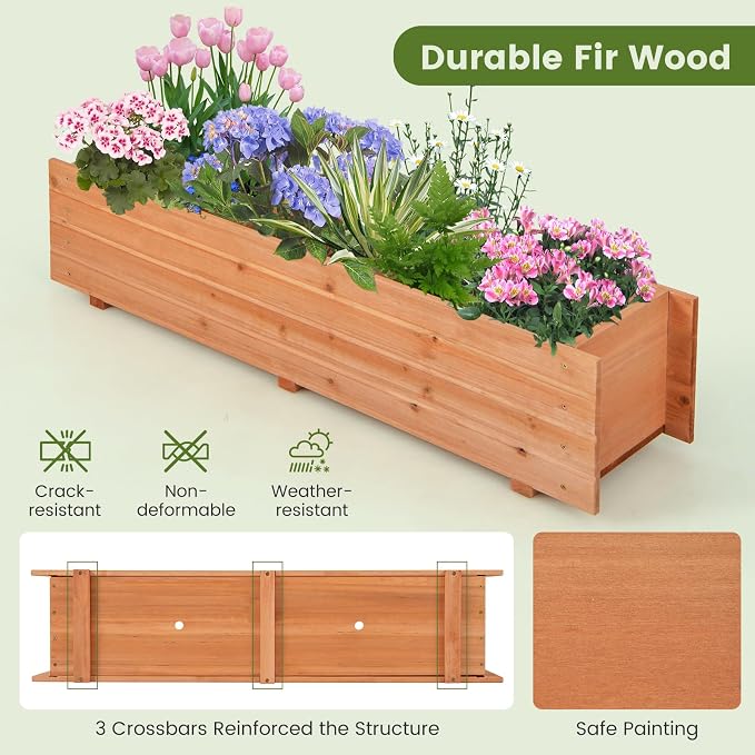 Raised Garden Bed, 44” x 11” x 10” Wooden Flower Bed with 2 Drainage Holes & Removable Bottom, Long Narrow Decorative Garden Bed, Planter Box Outdoor for Vegetables Flowers Fruits Herbs