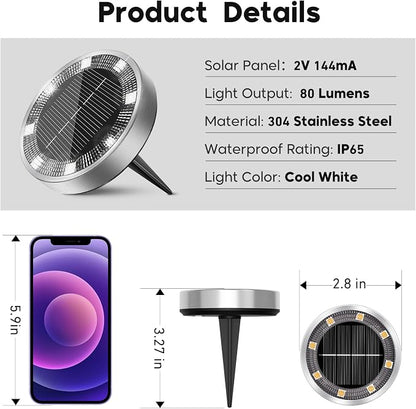 16 Pack Solar Ground Lights Outdoor, 8 LED Mini Flat Solar Disc Lights, IP65 Waterproof Pathway Lights Solar Powered, Landscape Lighting for Garden Walkway Driveway Yard Lawn,Cool White