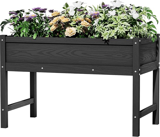 Weatherproof Raised Garden Bed, HDPE Outdoor Elevated Planter Box with Legs, Garden Box, Flower Beds for Patio, Deck, Balcony (Black)