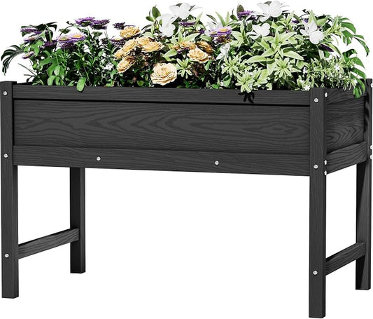 Weatherproof Raised Garden Bed, HDPE Outdoor Elevated Planter Box with Legs, Garden Box, Flower Beds for Patio, Deck, Balcony (Black)